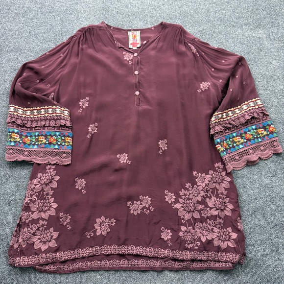 Johnny Was Tops - Johnny Was Tunic Top Sz XXL Burgundy Floral Embroidered Lace Boho Indie Peasant